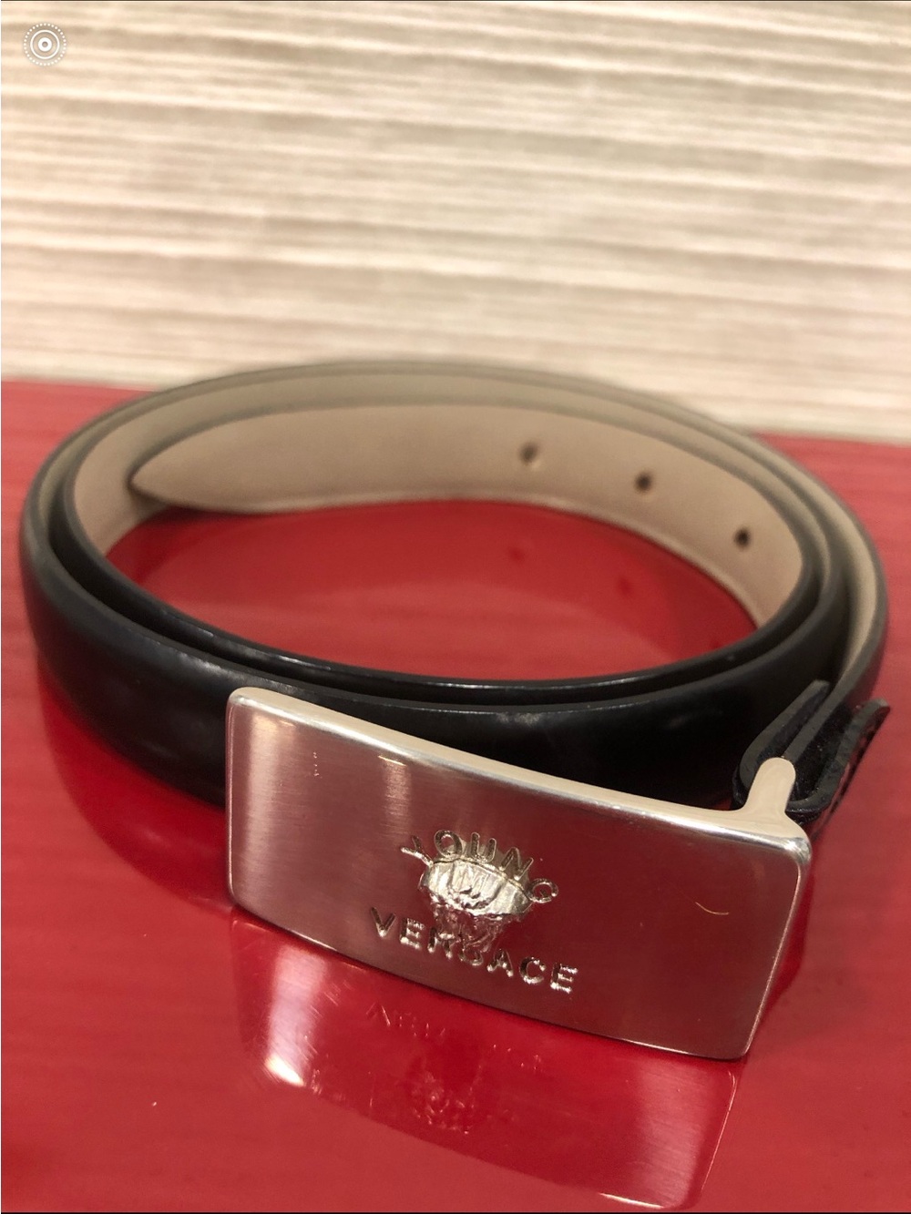 Versace Black Leather Belt with Brushed Silver Logo Buckle